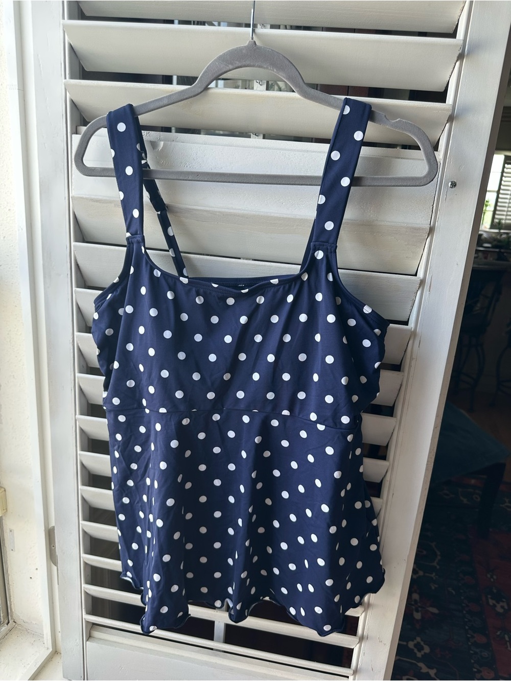 Lands' End Navy Blue Polka Dot Swim Tankini Top